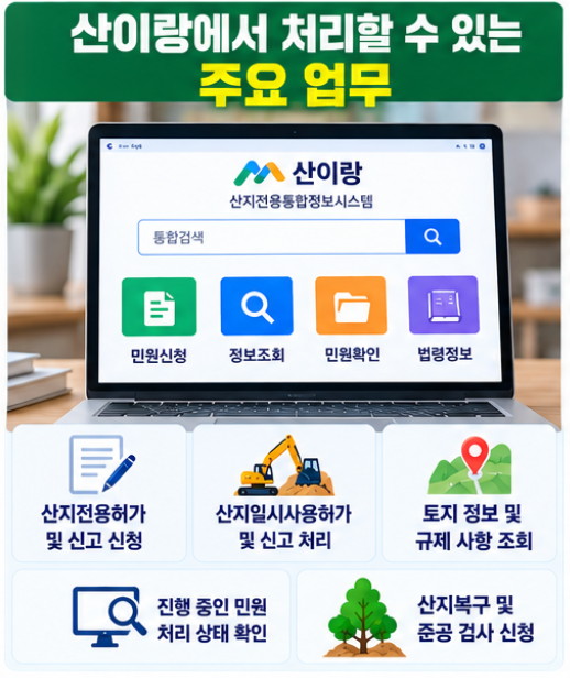 산지전용통합정보시스템 산e랑 운영 이용 방법 안내 2 산이랑 시스템을 통해 처리할 수 있는 주요 업무