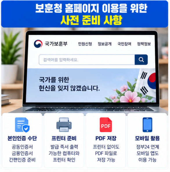 보훈청 홈페이지 국가보훈부 민원 신청 증명서 발급 이용 방법 2 보훈청 홈페이지 이용을 위한 사전 준비 사항